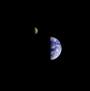 The first photograph ever of both the Earth and the Moon together, taken in 1977. 