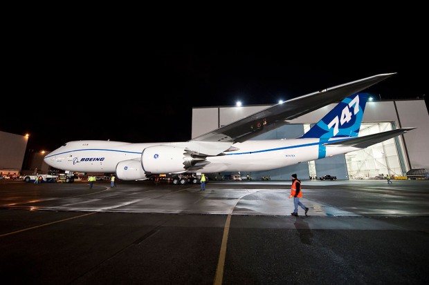 N747EX emerges from the Boeing paint hangar in Everett, Washington. Photo courtesy of Boeing
