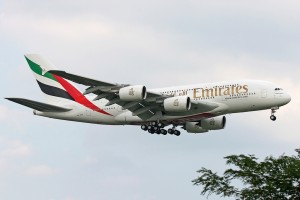 Emirates Airbus A380 A6-EDA makes its first approach to JFK in New York, August 1, 2008