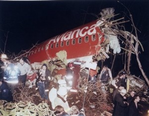 The wreckage of Avianca Flight 52 following a crash on January 25, 1990.