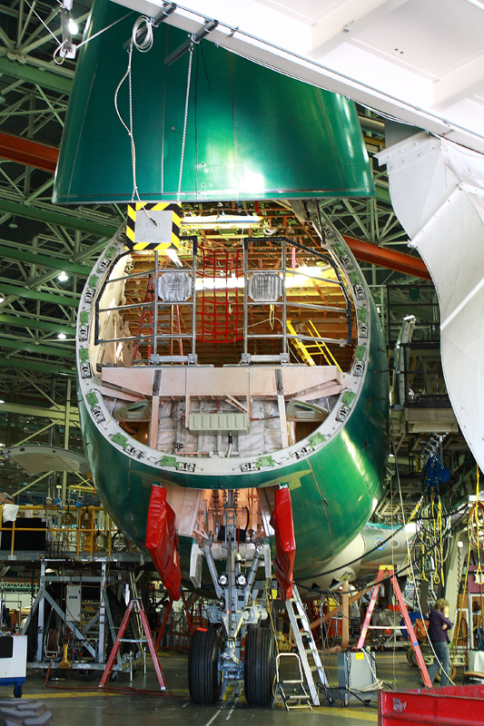 Looking down the throat of a 747-8 in production. (Photo by Jeremy Lindgren)