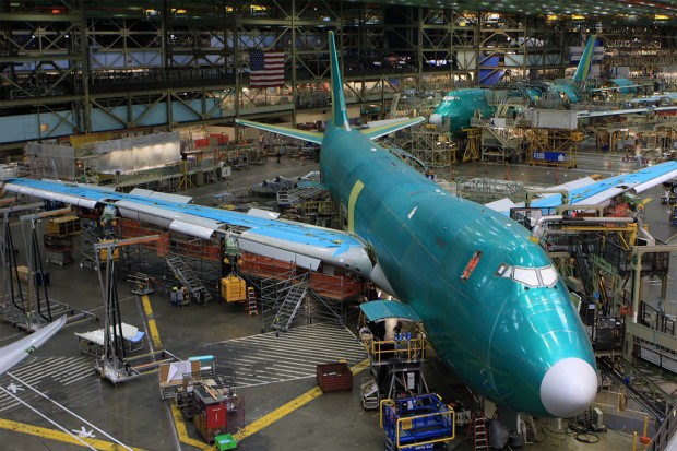 A peek inside Boeing's massive assembly building, where two more 747-8s are under construction.