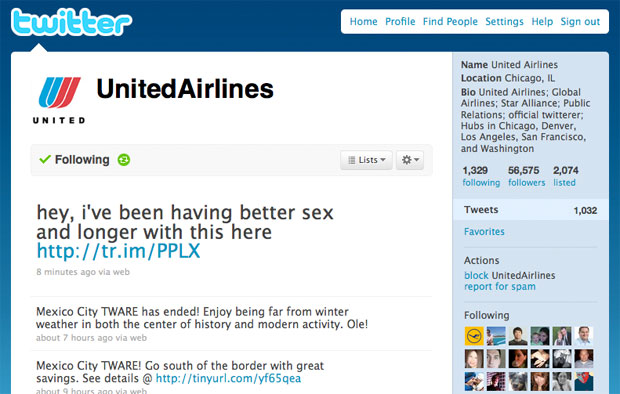 United Airlines @UnitedAirlines Twitter account hacked