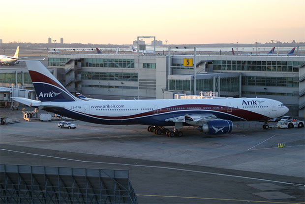 Arik Air Airbus A340-500 CS-TFW parked at JFK after arriving from Lagos