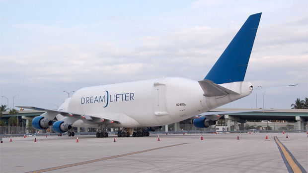 Taking a break from hauling 787 parts, the Boeing Dreamlifter N249BA gets some R&R in Miami